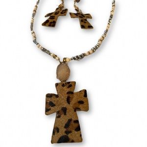 Blue/White/ Bronze Beads with a Taupe Stone/ Leopard Cross and matching earrings